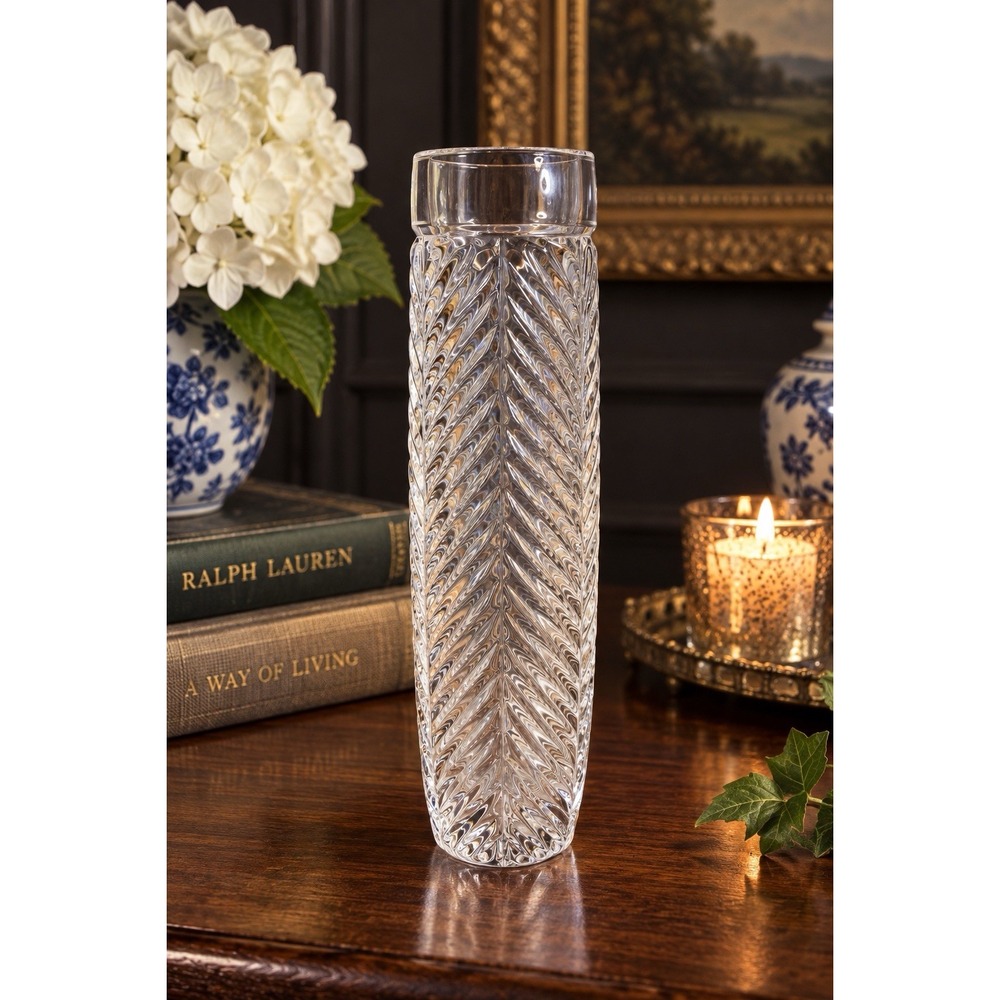 Ralph Lauren Crystal Herringbone Chevron Bud Vase 7.5" Clear Glass